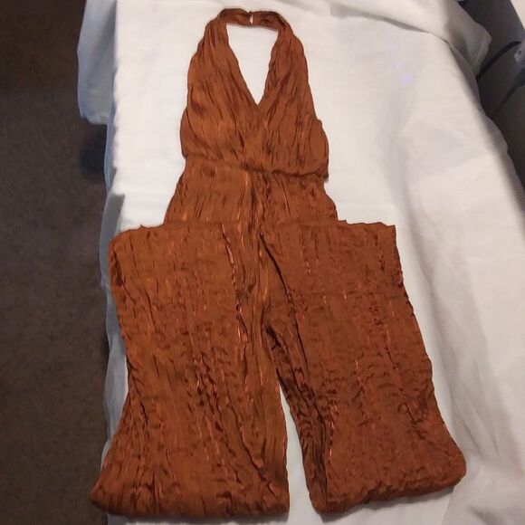Fashion Nova Jumpsuit Seleste Satin Halter Backless Silky Soft Wide Leg Copper M - Picture 9 of 11